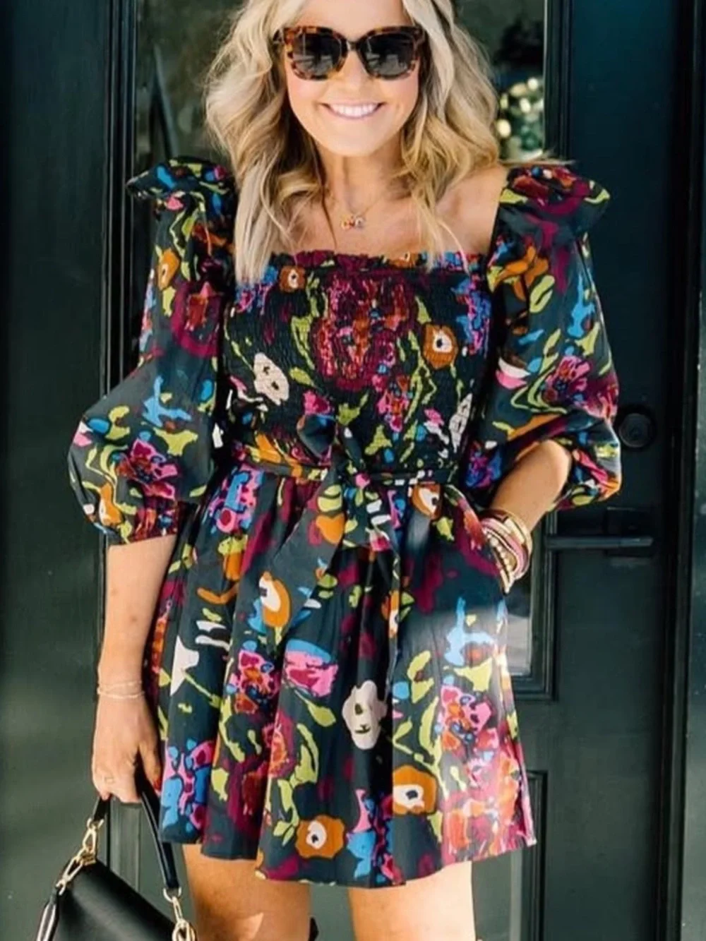 Cleobella Black Multi Floral Smocked Puff-Sleeve Mini Dress size small - Picture 1 of 9